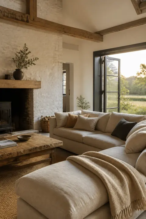 Modern Farmhouse Living Room in Limestone and Oak