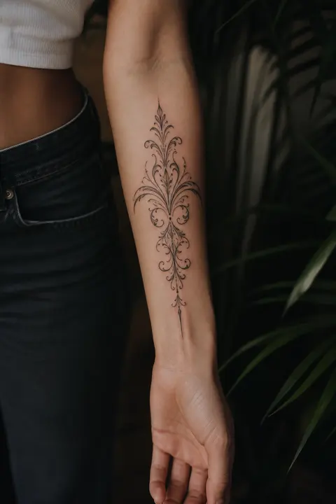 Ornamental Symmetrical Filigree Tattoo on Inner Forearm