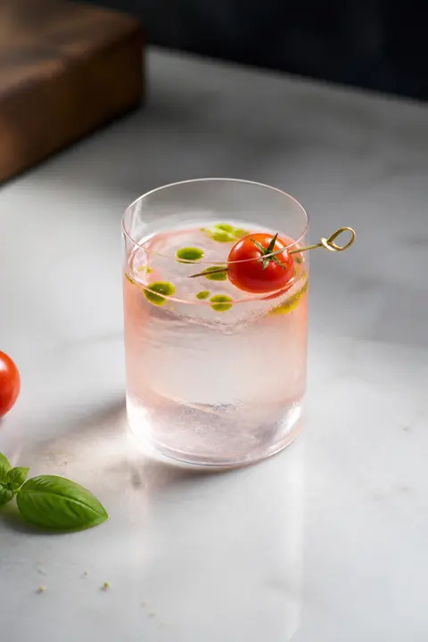 Clear Tomato Water Cocktail with Basil Oil