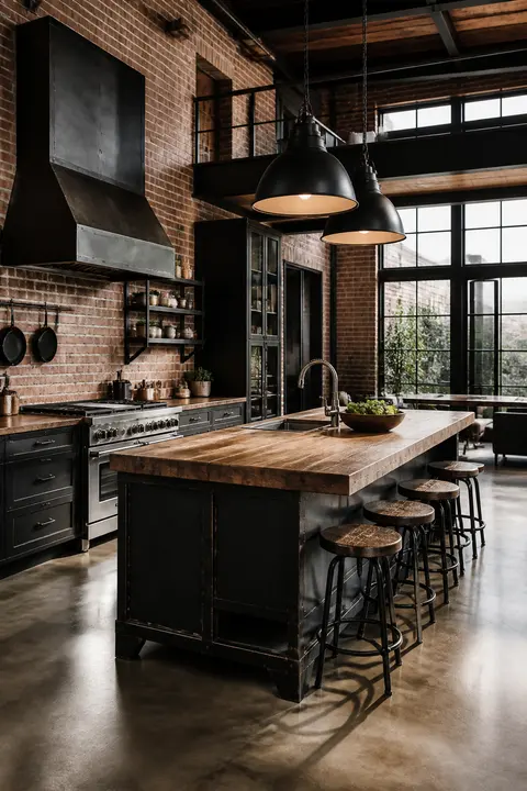 Large Island Seating in Brick & Steel Kitchen