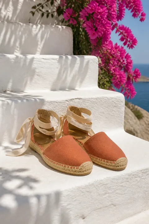 Coral Suede Espadrilles with Ankle Ribbons