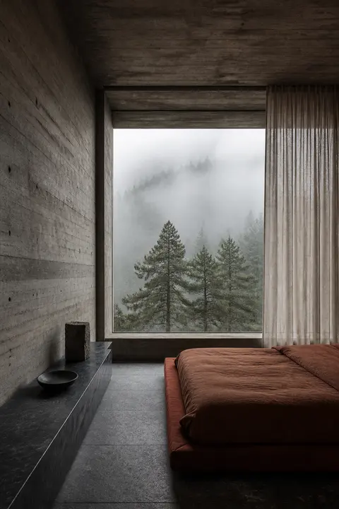 Brutalist Bedroom Framing a Foggy Forest