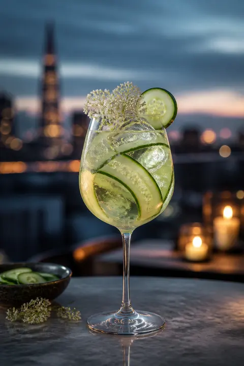 Blue-Hour Rooftop Cucumber Elderflower Spritz