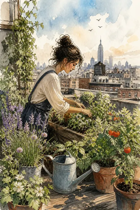 Ink and Watercolor: Woman Tending a Rooftop Garden