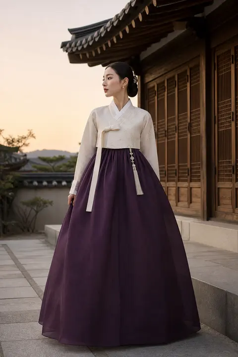 Ivory and Plum Hanbok at Sunset