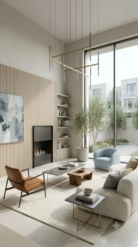 Double-Height Living Room With Fluted Oak Wall