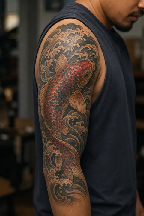 Upper Arm Japanese Koi and Waves Tattoo