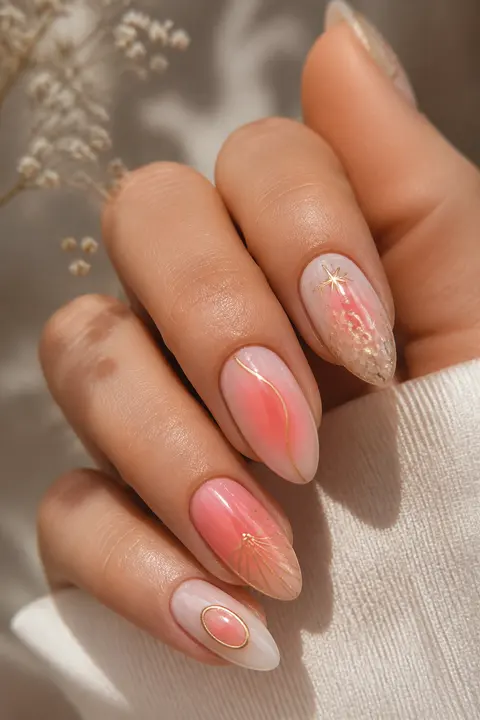Peach-Pink Aura Medium Almond Nail Design