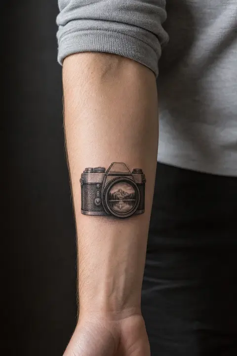 Tiny Realistic Camera Forearm Tattoo