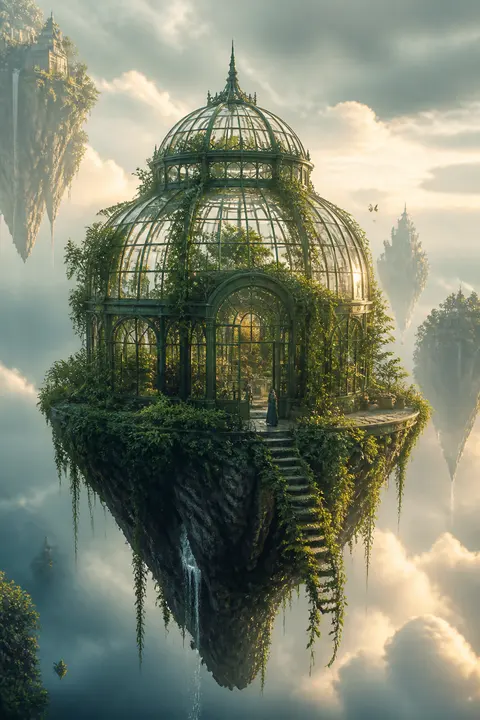 Matte Painting of Surreal Floating Greenhouse