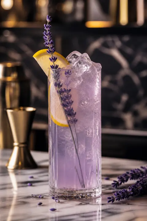 Lavender Lemon Collins at a Moody Marble Bar