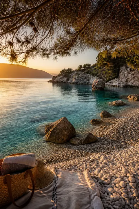 Greek Island Pebble Bay in Golden Light