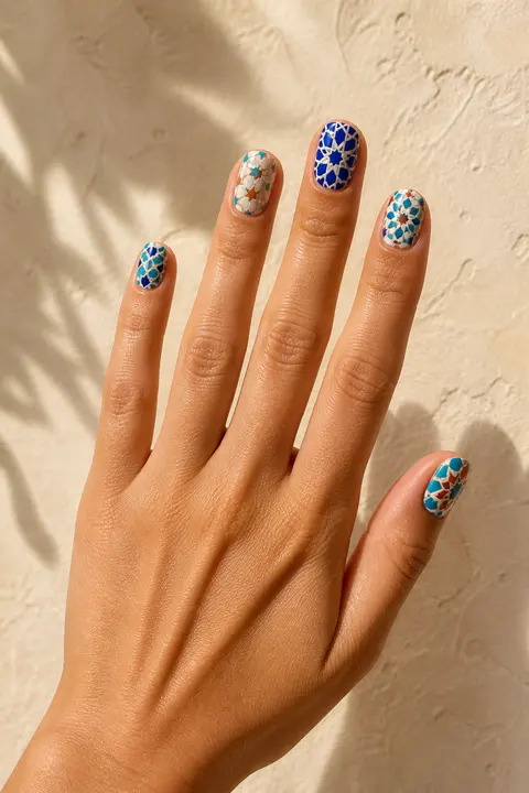 Blue Zellige Mosaic Nail Art