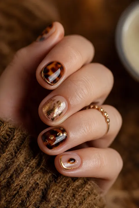 Caramel Tortoiseshell on Short Natural Round Nails