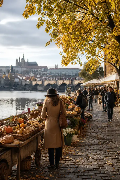 Prague Riverside in Autumn on Market Day