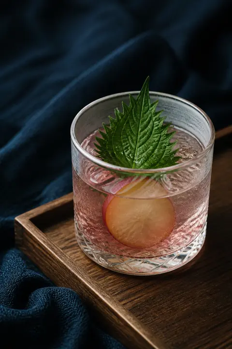 Plum Shiso Cocktail in a Low Tumbler