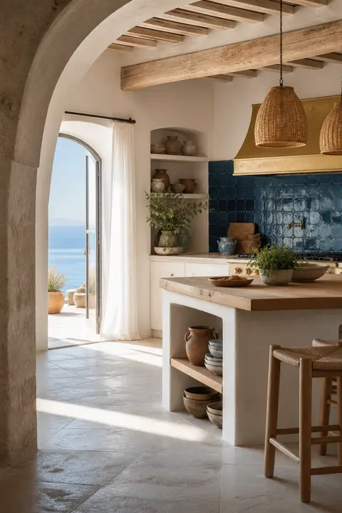 White Mediterranean Kitchen with Cobalt Tile