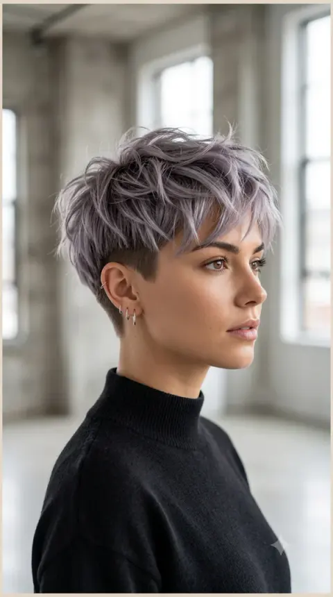 Edgy Pixie Cut with Lavender Silver Hair for Women