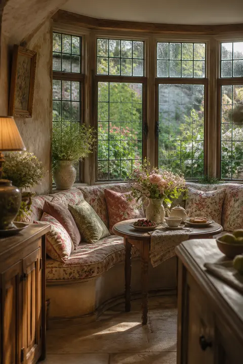Floral Breakfast Nook in a Bay Window
