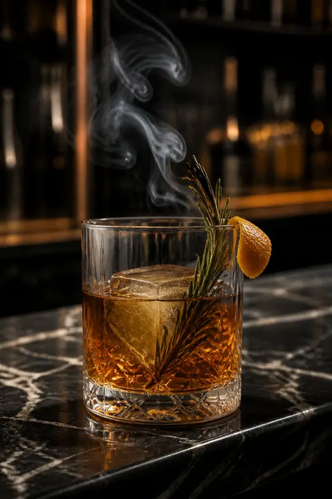 Smoked Rosemary Old Fashioned at a Moody Marble Bar