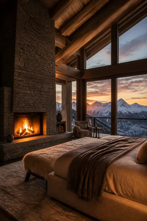 Alpine Chalet Bedroom with Stone Fireplace