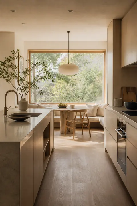 Pale Japandi Kitchen: Window Breakfast Nook