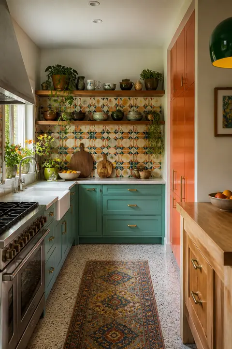 Colorful Retro Kitchen Featuring Open Shelves and Backsplash