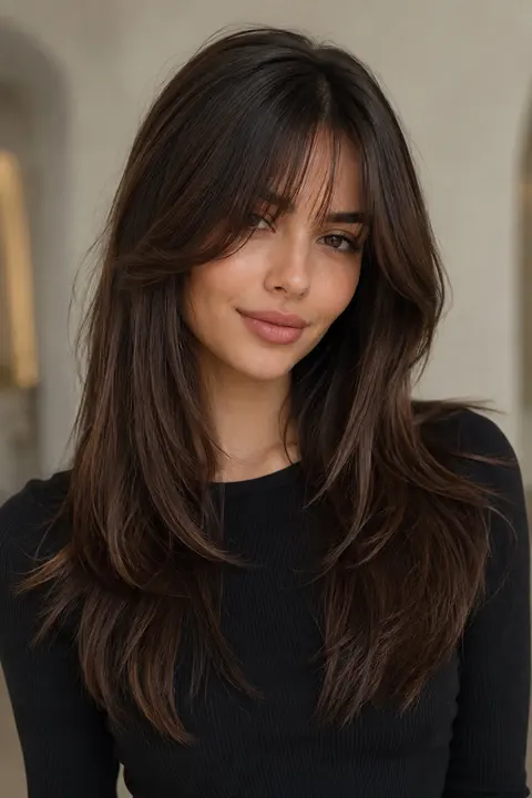 Silky Dark Brunette Layers with Wispy Curtain Bangs