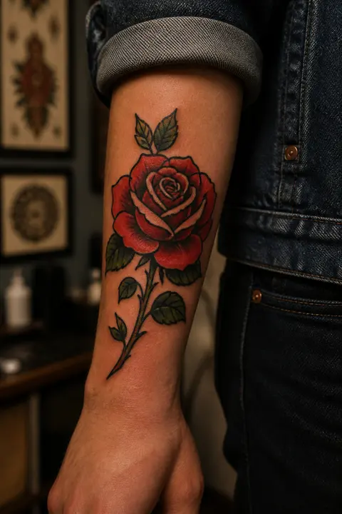 Classic Red Rose Forearm Tattoo