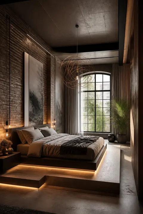 Industrial Loft Bedroom with Platform Bed and Pendant