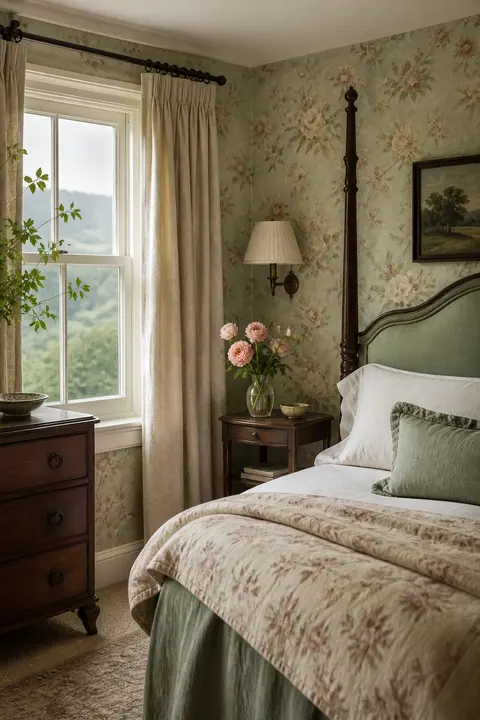 English Country Bedroom with Floral Wallpaper