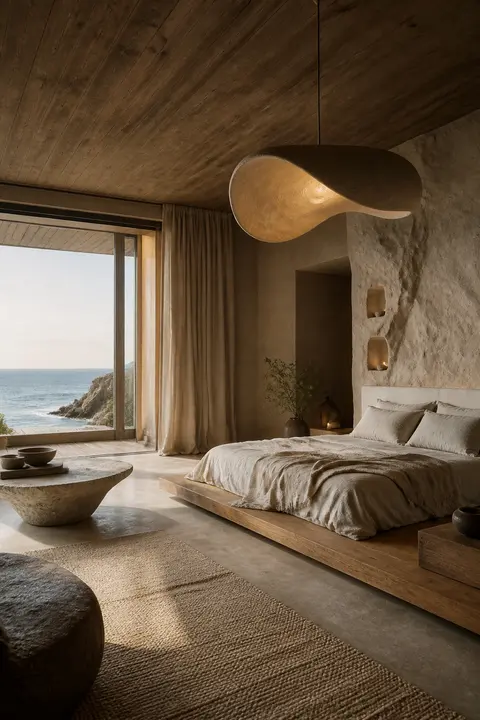 Coastal Organic Bedroom with Platform Bed and Pendant