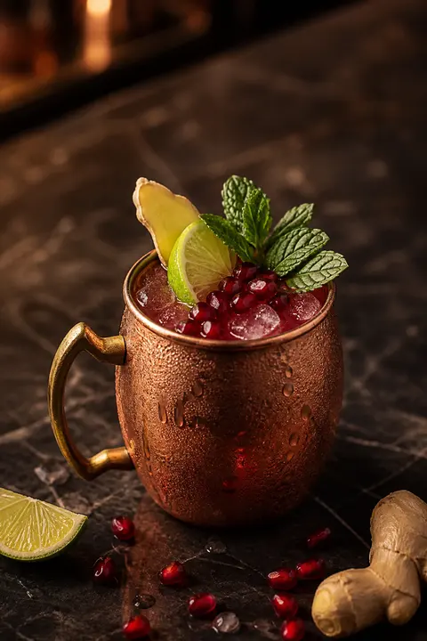 Pomegranate Ginger Mule at a Moody Marble Bar