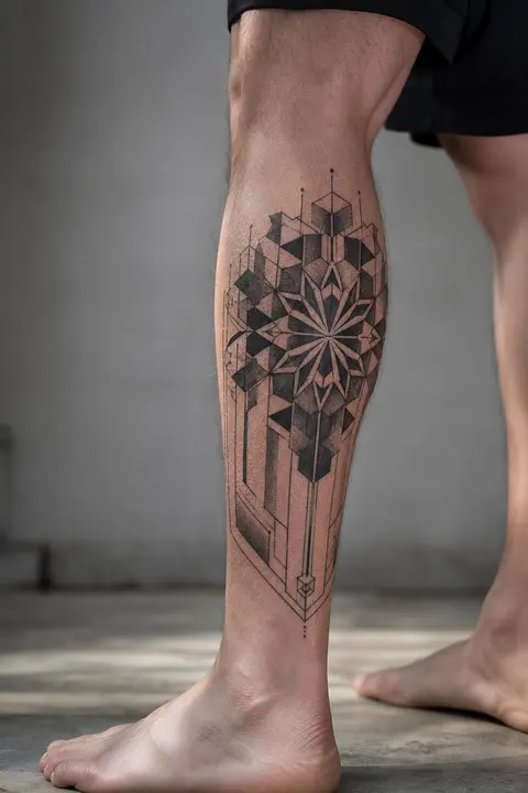 Blackwork Geometric Pattern Tattoo for Outer Calf Placement
