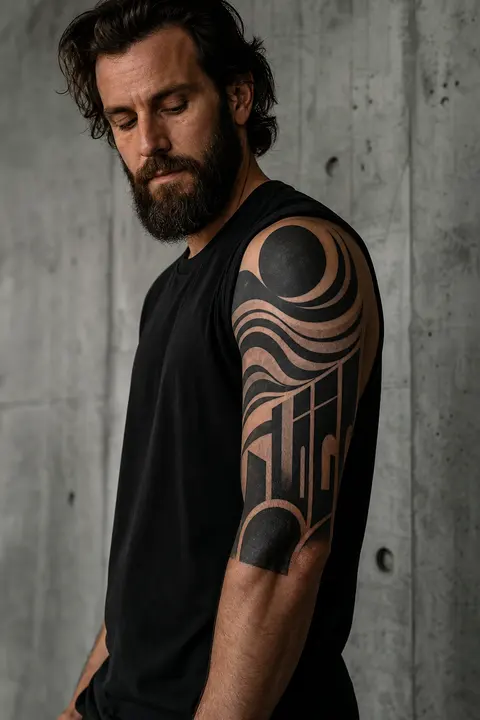 Bold Geometric Blackwork Sleeve Tattoo