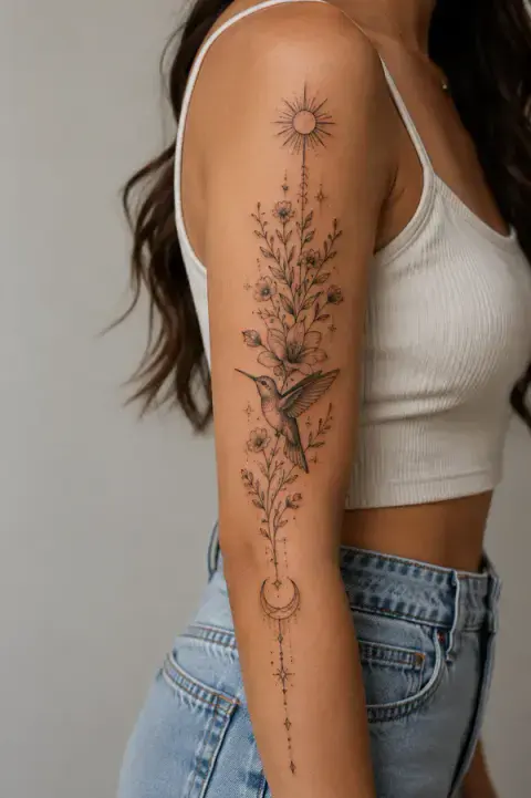 Hummingbird Floral Sun Moon Arm Tattoo