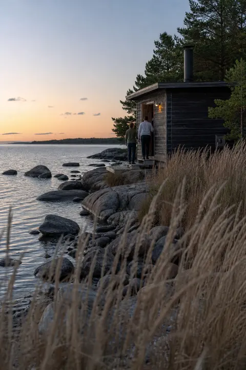 Nordic Seaside Sauna at Dusk