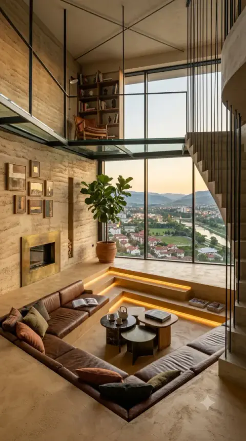 Sunken Living Room With Rammed Earth Walls