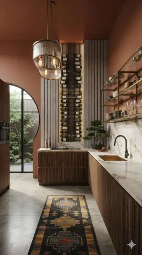 Terracotta Kitchen With Built-In Wine Wall