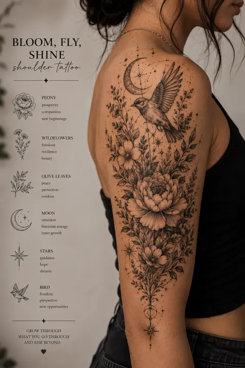 Bird and Peony Shoulder Tattoo with Moon Details