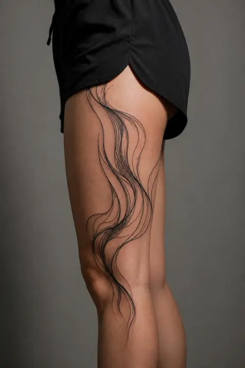 Flowing Abstract Line Tattoo on the Thigh