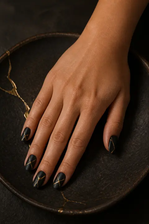 Matte Black Kintsugi-Inspired Nails