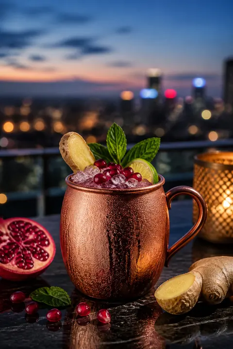 Blue-Hour Rooftop Pomegranate Ginger Mule