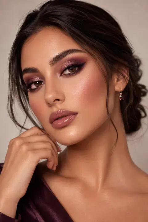 Plum Glam Makeup for Brown Eyes and Glossy Nude Lips