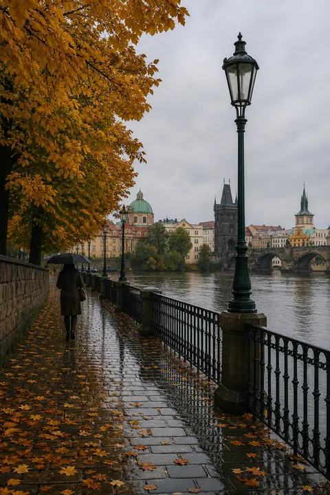 Rainy-Day View of Prague Riverside in Autumn