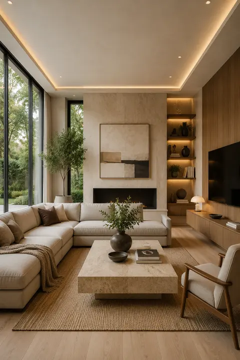 Modern Living Room with Travertine and Warm Wood