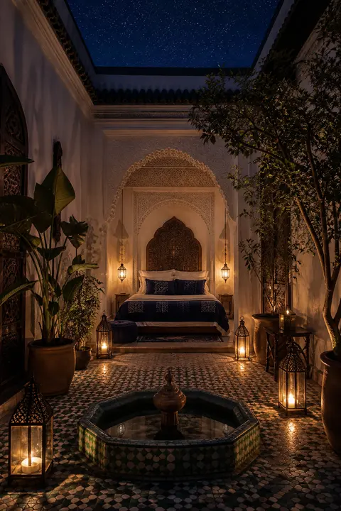 Lantern-Lit Moroccan Courtyard at Night