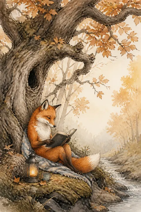 Fox Reading beneath an Old Tree in Ink and Watercolor
