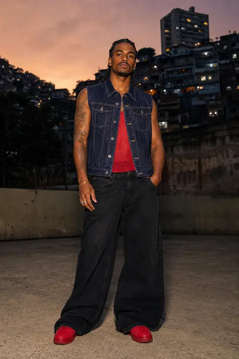 Sleeveless Denim Vest with Red Platform Shoes