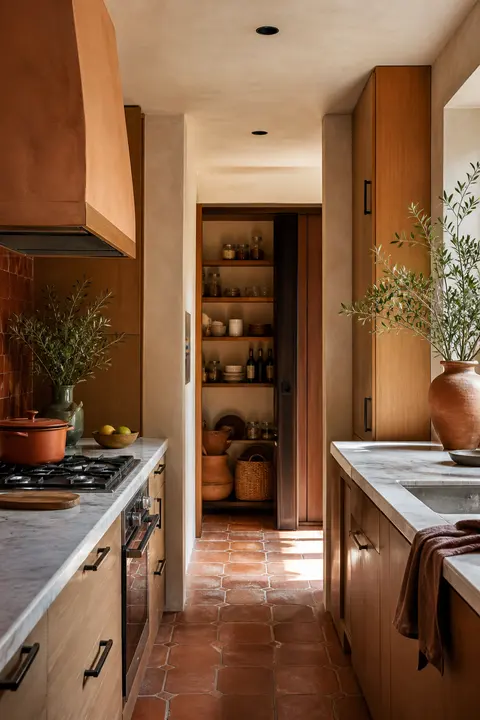 Mediterranean Terracotta Kitchen: Compact Galley & Pantry